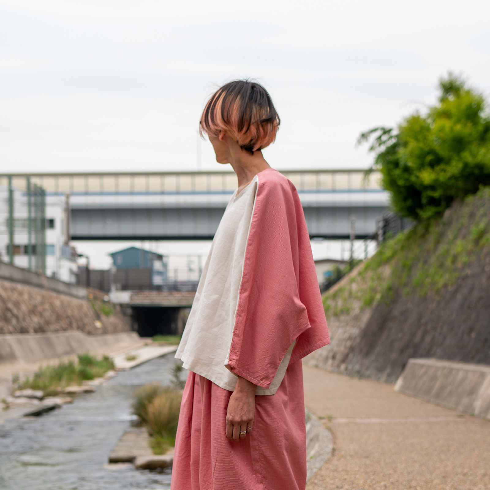 Linen - Mushroom x Cotton - Red Check